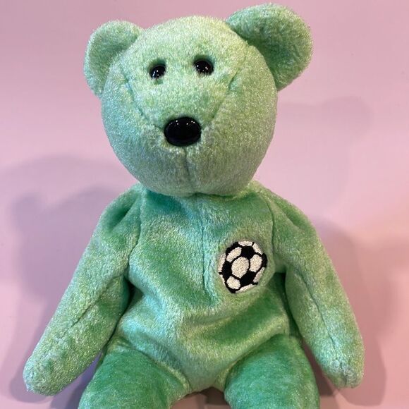 1999 Ty Beanie Baby Kicks the Green Soccer Bear Excellent Used Condition 9” long - Picture 6 of 8
